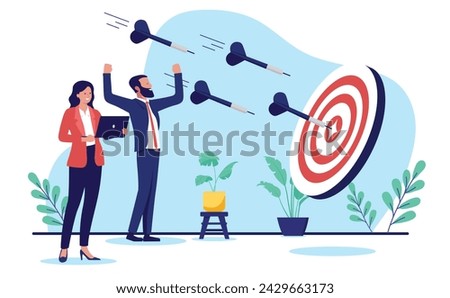 Business target and goal - Businesspeople with darts hitting bullseye in marketing strategy accuracy achievement. Goal aiming concept in flat design vector illustration with white background 