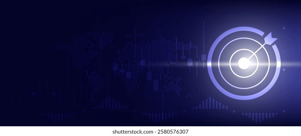 Business Target and Goal Strategy: Achieving Financial Success with Vision and Mission. Abstract blue background with darts, growth graphs, and strategic concepts.