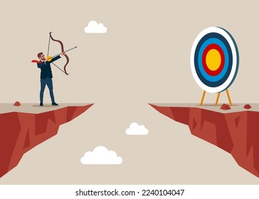 Business target goals. Forced to successful. Businessman standing on cliff with archer in hand. Shooting target with bow, arrow. Vector illustration.