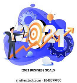 Business target and goals, investment success strategy, income growth in new 2021 year. Vector flat cartoon illustration of businessman shoots target with bow and growing graph