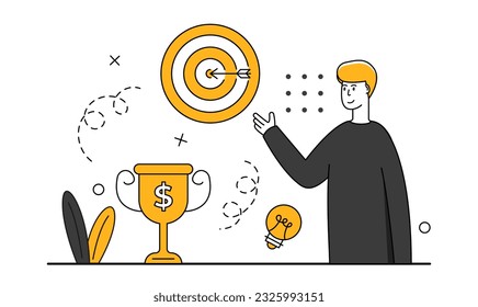 Business target. Golden cup icon. Man organizational success. Vector illustrations