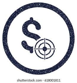 Business Target grainy textured icon inside circle for overlay watermark stamps. Flat symbol with scratched texture. Circled vector indigo blue rubber seal stamp with grunge design.