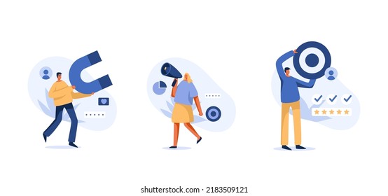 
Business target group. Growing customer base with successful marketing magnet, target, 
megaphone.  Vector Illustration