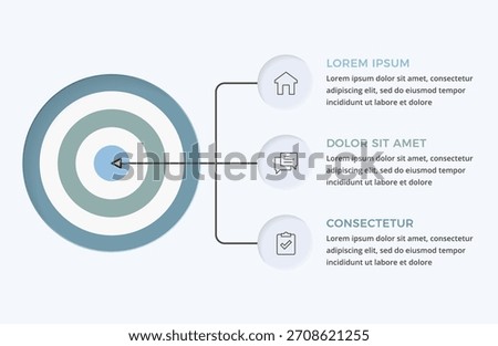 Business target infographic template with concentric circles bullseye and three connected elements for your icons and text