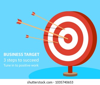 Business target. Infographic template with target and dart on blue background. 3 steps to succeed.  Banner, web design.Vector illustration.