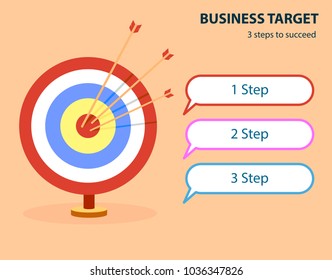Business target. Infographic template with target and dart. 3 steps to succeed.  Banner, web design. Vector illustration.