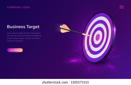 Business target isometric concept vector illustration. Round dart board with arrow flying to bullseye. Symbolic goals achievement, success and competitors victory on ultraviolet webpage background