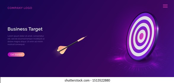 Business target isometric concept vector illustration. Round dart board with flying arrow. Symbolic goals achievement, success and competitors victory on ultraviolet webpage background