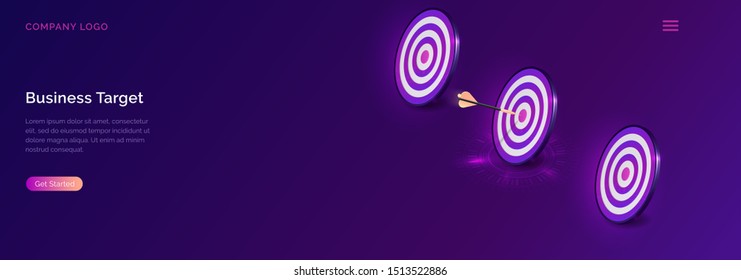 Business target isometric concept vector illustration. Three round dart board in shooting range and arrow flying to bullseye. Symbolic goals achievement, success and competitors victory on ultraviolet