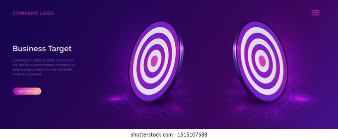 Business target isometric concept vector illustration. Round dart board on ultraviolet background. Goals achievement, success and competitors victory webpage