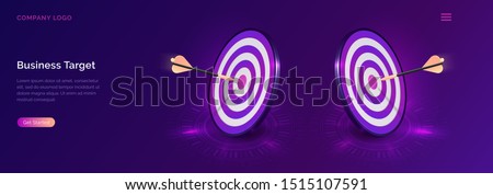 Business target isometric concept vector illustration. Two round dart board with arrow flying to bullseye. Symbolic goals achievement, success and competitors victory on ultraviolet webpage background