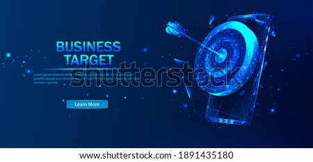 Business target isometric concept vector illustration. Abstract vector in futuristic polygonal style with wireframe, lowpoly triangles on a blue background with stars.