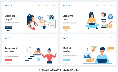 Business target, ladder to success and leaders career, effective market analysis set vector illustration. Cartoon tiny people work with charts of financial trends online, leadership and teamwork