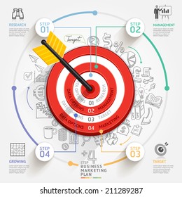 Business target marketing concept. Target with arrow and doodles icons. Can be used for workflow layout, banner, diagram, web design, infographic template.