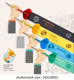Business target marketing concept. Businessman hand with dart and doodles icons. Vector illustration. Can be used for workflow layout, banner, diagram, web design, infographic template, timeline.