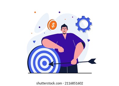 Business target modern flat concept for web banner design. Businessman holding arrow standing by dartboard. Financial success, motivation and leadership. Vector illustration with isolated people scene