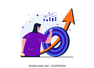 Diseño de banner web dirigido a empresas modernas. La mujer de negocios desarrolla un proyecto, la flecha de crecimiento se dispara a través del tablero, carrera exitosa. Ilustración vectorial con la escena de personas aisladas