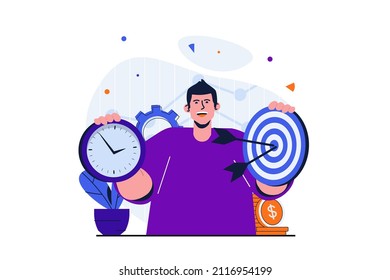Geschäftsziel modernes Flachkonzept für Webbanner-Design. Geschäftsmann, der Ziel und Uhr hält. Zeitmanagement, Arbeitszeiten und Ziele. Vektorgrafik mit Szene isolierter Menschen
