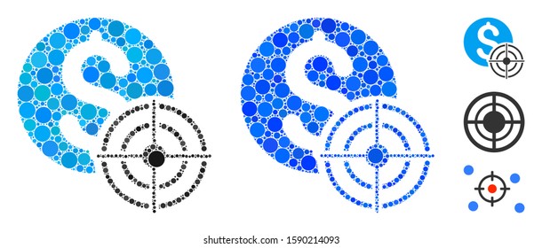Business target mosaic of spheric dots in variable sizes and color hues, based on business target icon. Vector round dots are organized into blue mosaic.