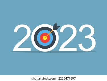 objetivo de negocio para el año nuevo feliz 2023. planificación estratégica para el futuro.  Número 2023 con tableros. diseño de banner plano de ilustración vectorial. aislado de fondo azul. 