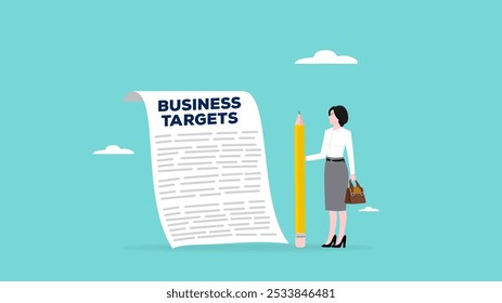 business target plan, business goal to achieve success, strategy or procedure to reach success in business, businesswoman who is explaining business target with strategy while carrying a big pencil