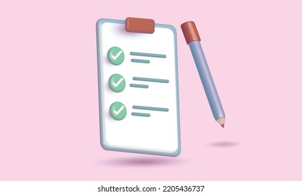  planificación de objetivos de negocio. Lápiz de representación 3D icono de lista de verificación de caricatura mínimo en papel portapapeles marca correcta flotando en fondo pastel