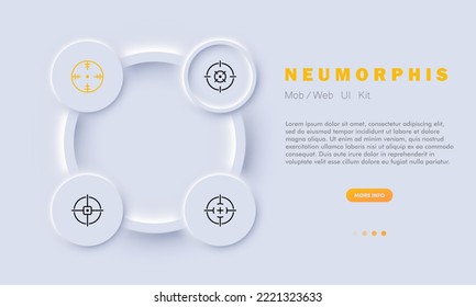 Icono de conjunto de destinos empresariales. Objetivo, publicidad, anuncio, trabajo, visión, tiroteo, guerra, empleo, el público objetivo. Concepto de trabajo. Estilo neomorfista