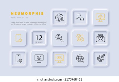 Business target set icon. Internet, worldwide, aim, arrow, computer, letter, email, magnifier, goal, achieve, planet. Work concept. Neomorphism. Vector line icon for Business and Advertising.