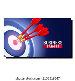 Business Target Success Achievement Banner Vector. Arrows in Center Of Target Bullseye, Successful Targeting And Professional Entrepreneur Occupation. Archery Goal Template Realistic 3d Illustration