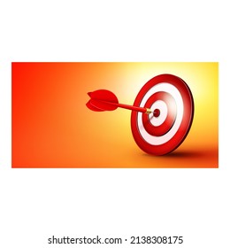 Business Target Success Hit In Dart Poster Vector. Arrow In Center Of Dartboard Equipment, Successful Business Development And Management. Financial Challenge Template Realistic 3d Illustration