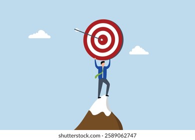 Business target, successful entrepreneur grasping large goal with arrow striking the bullseye. 