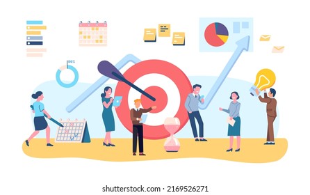 Business target. Tasks planning. Work goals. Tiny people with huge round aim and bullseye arrow. Progress infographic. Businessman achievement. Teamwork and job