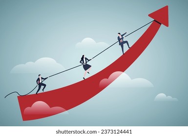 Business target, teamwork concept. Businessman leading colleagues climbing up to top.