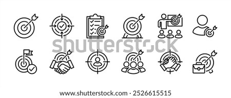 Business target thin line icon set. Containing arrow, dartboard, aim, focus, goal, objective, purpose, bullseye, accuracy for checklist, human resource, teamwork, group people, strategy, agreement