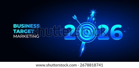 Business target vector with arrow hitting bullseye and futuristic blue 2026 marketing concept. Perfect for success, strategy, goal achievement, advertising, finance, and corporate design.