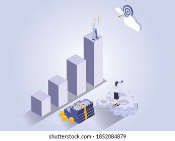 Business target vector concept: Businessman shooting a bow and arrow working to achieve target