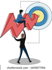 Business target vector concept with businessmen aiming and riding a wavy arrow to the bullseye, isolated in white background