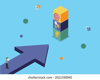 Concepto de vector de destino comercial. Joven empresario usando binoculares para mirar al blanco mientras se encuentra en la flecha
