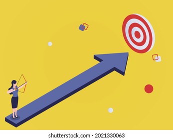 Business target vector concept. Young businesswoman using a bow to aiming the target while standing on the arrow