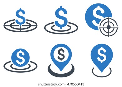 Business Target vector icons. Icon style is bicolor smooth blue flat symbols with rounded angles on a white background.
