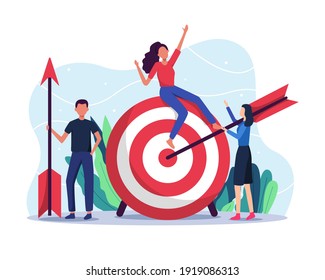 Business target vector illustration. Business goals achievement, Teamwork and startup concept. Successful professional team hitting target. Vector illustration in a flat style