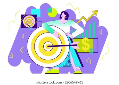 Business target violet concept with people scene in the flat cartoon style. Businesswoman selects a part of the work that needs to be given the most attention. Vector illustration.