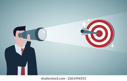 Business target vision and leadership concept, Confident businessman holding telescope visioning the Bull's eye.