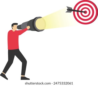 Business target vision and leadership concept, Confident businessman holding telescope visioning the Bull's eye.

