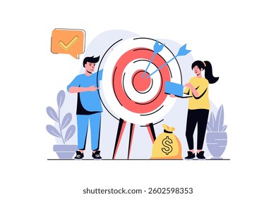 Business target web concept with cartoon people design. Woman and man aiming at target, hit in bullseye, achieve goals, get progress and profit. Flat vector illustration isolated on white background.