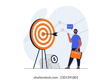 Business target web concept with character scene. Man hits aim, develops company and success invests money. People situation in flat design. Vector illustration for social media marketing material.