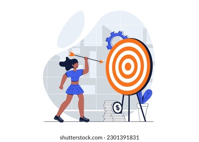 Business target web concept with character scene. Woman hits target with arrow, achieves results and profit. People situation in flat design. Vector illustration for social media marketing material.
