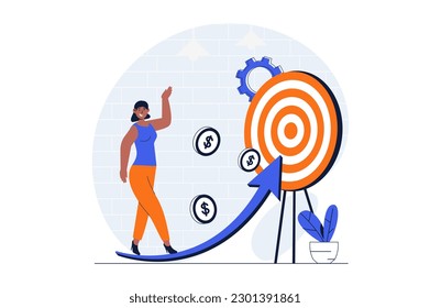 Business target web concept with character scene. Woman hits aim, increases profit, develops success company. People situation in flat design. Vector illustration for social media marketing material.
