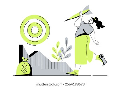 Business target web concept with flat cartoon people for website design. Woman following business strategy, aiming at target and achieving career ambitions and financial goals. Vector illustration.