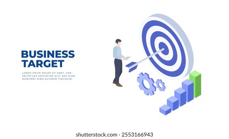 Business target worker Isometric Concept with arrow banner isolate background
